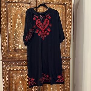 Johnny Was Black Midi Dress with Red Embroidery